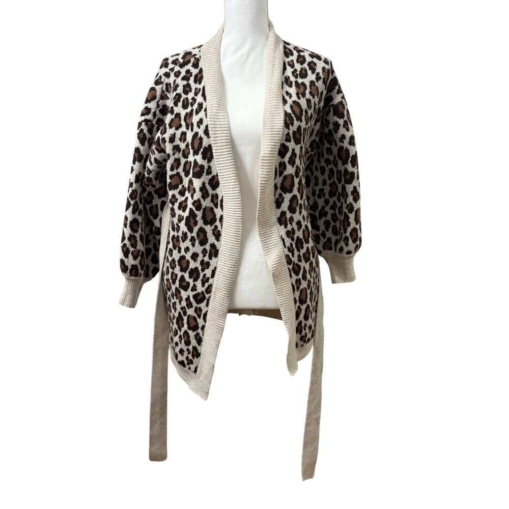 Leopard Print Open Front Belted Knit Cardigan Womens Size Medium Time & Tru